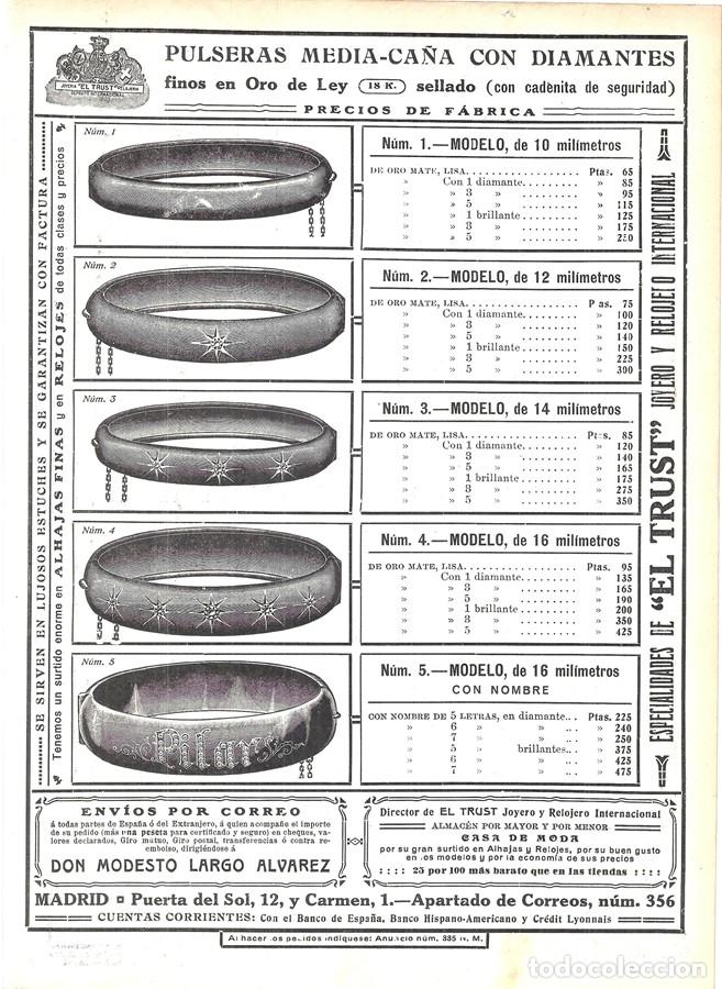 Coleccionismo de Revistas y Peri&oacute;dicos: 1913 HOJA REVISTA PUBLICIDAD ANUNCIO EL TRUST JOYERO Y RELOJERO - PULSERAS DE MEDIA CA&Ntilde;A ORO Y DIAMA