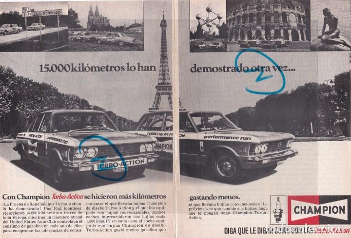 Coleccionismo de Revistas y Peri&oacute;dicos: PUBLICIDAD 1971. ANUNCIO BUJIAS CHAMPION TURBO-ACTION (2 HOJAS) - COCHES FIAT