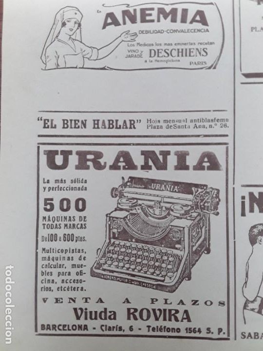 Collection Magazines and Newspapers: MAQUINA DE ESCRIBIR URANIA LA MAS SOLIDA Y PERFECCIONADA VIUDA ROVIRA BARCELONA HOJA A&Ntilde;O 1927