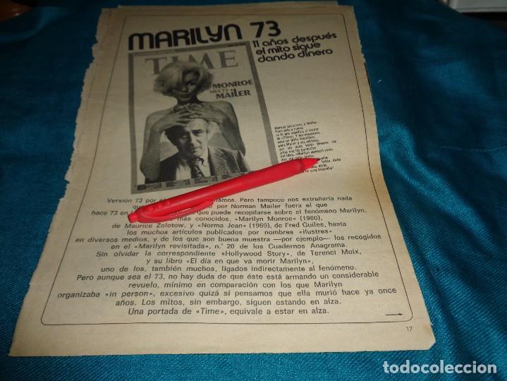 Coleccionismo de revistas y peri&oacute;dicos: RECORTE : MARILYN MONROE, 11 A&Ntilde;OS DESPUES, SIGUE DANDO DINERO. FOTOGRAMAS, JULIO 1973(#)