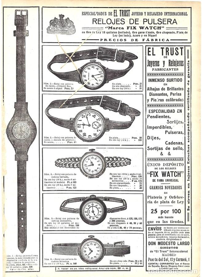 Coleccionismo de Revistas y Peri&oacute;dicos: 1913 HOJA REVISTA PUBLICIDAD ANUNCIO EL TRUST JOYERO Y RELOJERO - RELOJES DE PULSERA 'FIX WATCH'