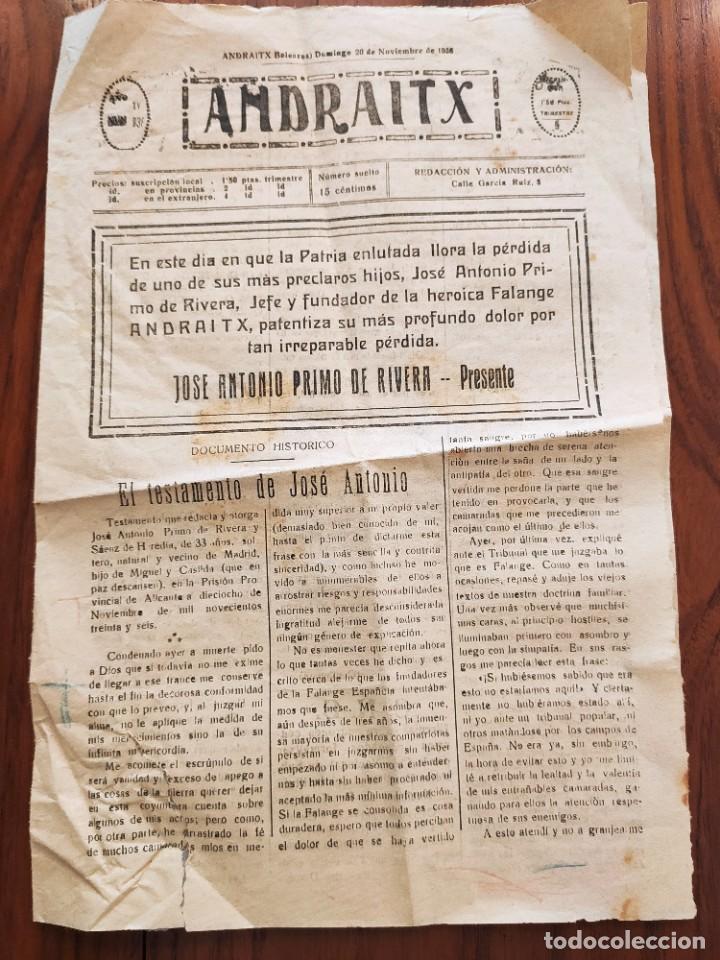 Coleccionismo de revistas y peri&oacute;dicos: ANDRAITX. SEMANARIO INDEPENDIENTE. MALLORCA, 20 NOVIEMBRE 1938. MUERTE PRIMO DE RIVERA.