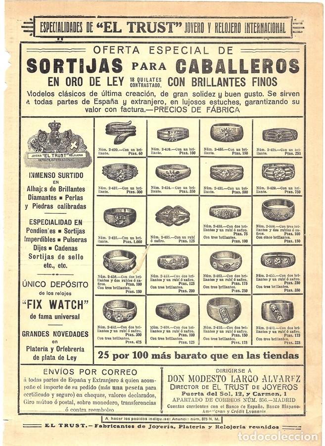 Coleccionismo de Revistas y Peri&oacute;dicos: 1913 HOJA REVISTA PUBLICIDAD ANUNCIO JOYER&Iacute;A RELOJER&Iacute;A 'EL TRUST' SORTIJAS DE ORO PARA CABALLEROS