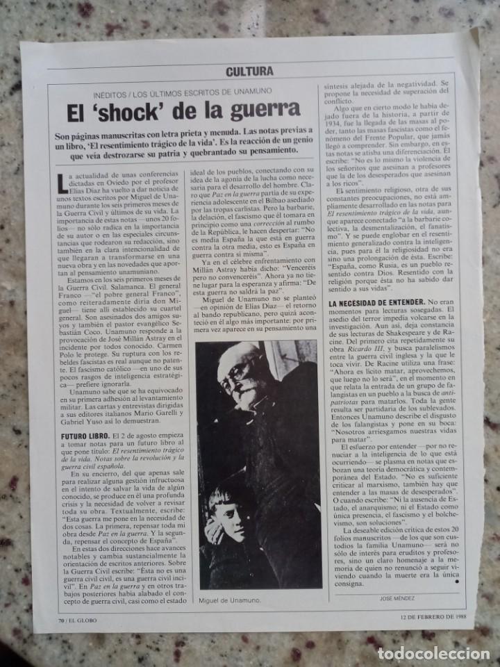 Coleccionismo de revistas y peri&oacute;dicos: LOS ULTIMOS ESCRITOS DE UNAMUNO Y LA GUERRA. ARTICULO DE LA REVISTA EL GLOBO, 12 FEBRERO 1988