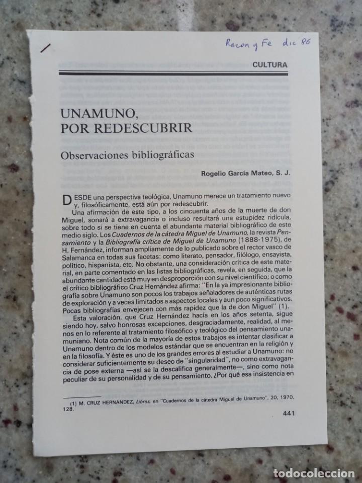 Coleccionismo de revistas y peri&oacute;dicos: OBSERVACIONES BIBLIOGRAFICAS SOBRE UNAMUNO. ARTICULO (8 PAGINAS). REVISTA RAZON Y FE, DICIEMBRE 1986