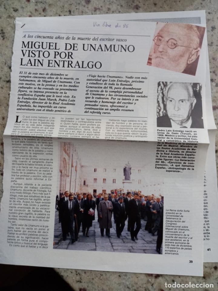 Coleccionismo de revistas y peri&oacute;dicos: UNAMUNO VISTO POR LAIN ENTRALGO. ARTICULO (3 PAGINAS). REVISTA VIA LIBRE, DICIEMBRE 1986