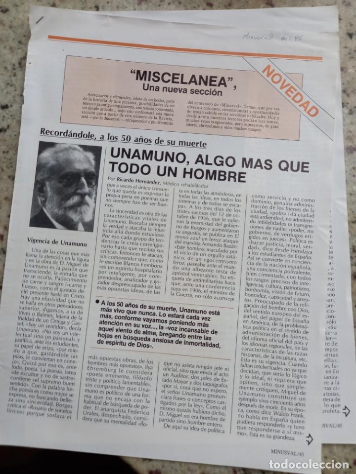 Coleccionismo de revistas y peri&oacute;dicos: UNAMUNO MAS QUE TODO UN HOMBRE. ARTICULO (4 PAGINAS). REVISTA MINUSVAL, DICIEMBRE 1986