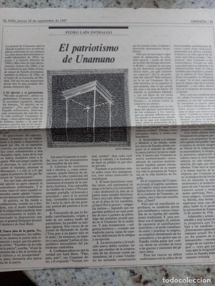 Coleccionismo de revistas y peri&oacute;dicos: EL PATRIOTISMO DE UNAMUNO. PEDRO LAIN ENTRALGO. RECORTE DE EL PAIS 10 SEPTIEMBRE 1987