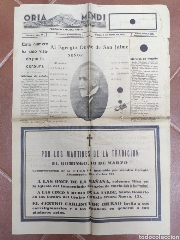 Coleccionismo de Revistas y Peri&oacute;dicos: OriaMendi. Peri&oacute;dico Carlista Vasco 1935 Carlismo. Oria Mendi