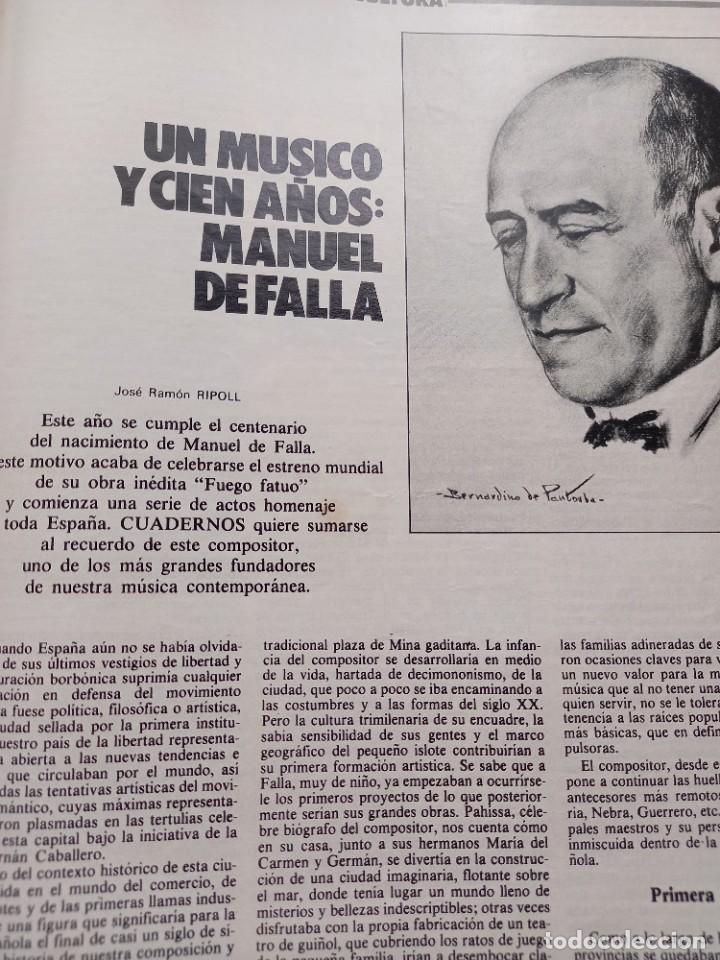 Coleccionismo de revistas y peri&oacute;dicos: CIEN A&Ntilde;OS DE MANUEL DE FALLA. 3 PAGINAS. RECORTE CUADERNOS PARA EL DIALOGO 3 JULIO 1976