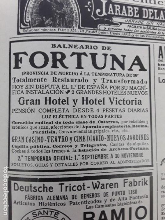 Collezionismo di Riviste e Giornali: BALNEARIO DE FORTUNA MURCIA GRAN HOTEL Y HOTEL VICTORIA CASINO TEATRO CINE DIARIO HOJA A&Ntilde;O 1910
