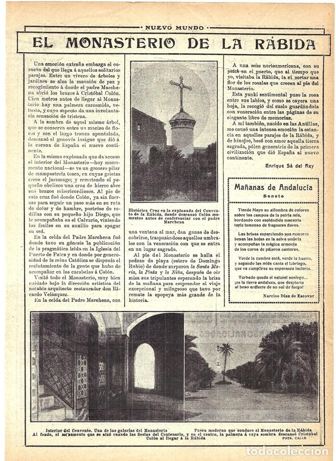 Coleccionismo de revistas y peri&oacute;dicos: 1913 HOJA REVISTA HUELVA MONASTERIO DE SANTA MAR&Iacute;A DE LA R&Aacute;BIDA, CRUZ EXPLANADA, PASEO MODERNO
