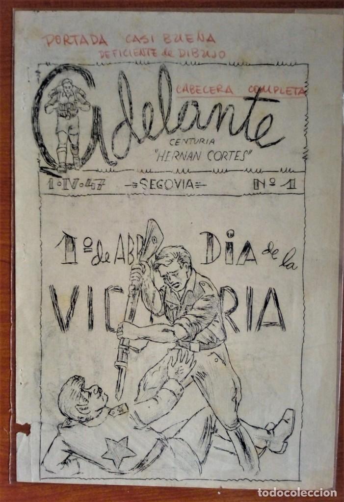 Coleccionismo de revistas y peri&oacute;dicos: PORTADA CICLOSTILADA DE REVISTA ADELANTE N&ordm; 1 SEGOVIA 1947 PRUEBAS DIBUJO CORRECIONES FRANQUISMORARA