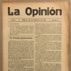 Coleccionismo de Revistas y Periódicos: SEMANARIO LA OPINIÓN N° 3 (BILBAO 1916). PUBLICACIÓN LIBERAL CREADA POR GREGORIO DE BALPARDA. Lote 287242558