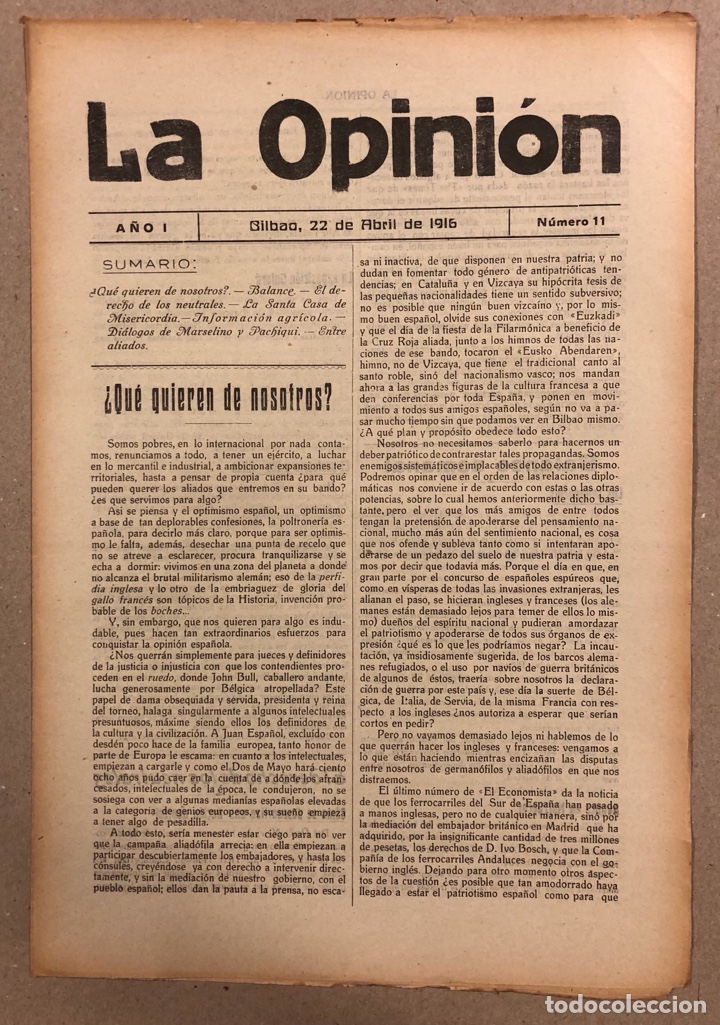 Coleccionismo de Revistas y Peri&oacute;dicos: SEMANARIO LA OPINI&Oacute;N N&deg; 11 (BILBAO 1916). PUBLICACI&Oacute;N LIBERAL CREADA POR GREGORIO DE BALPARDA