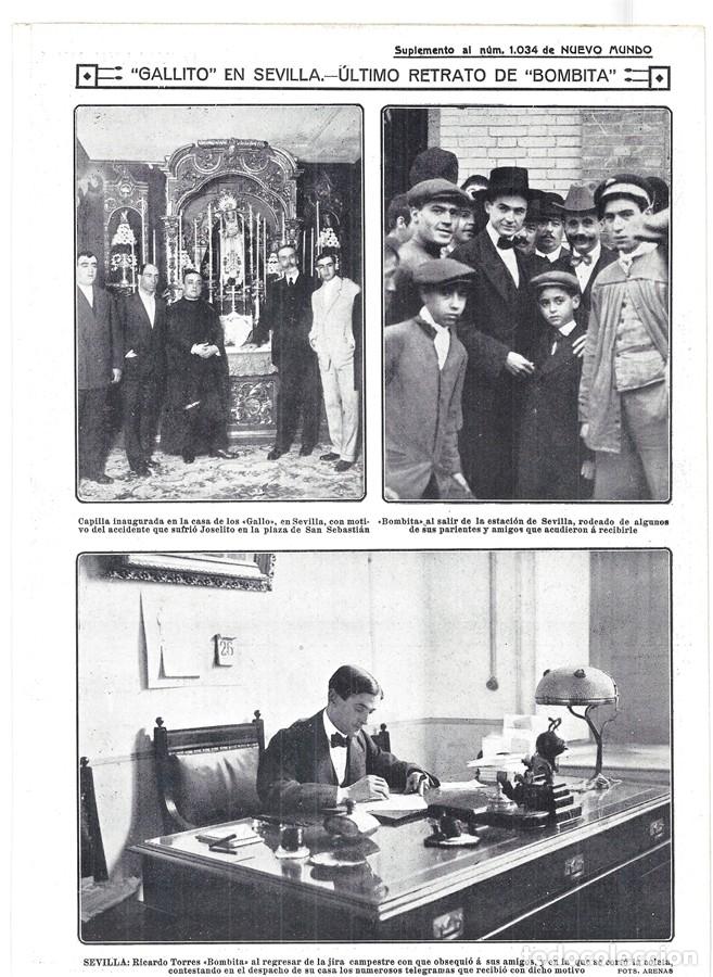 Coleccionismo de Revistas y Peri&oacute;dicos: 1913 HOJA REVISTA SEVILLA TOROS CAPILLA INAUGURADA EN CASA DE LOS 'GALLO' POR COGIDA A JOSELITO