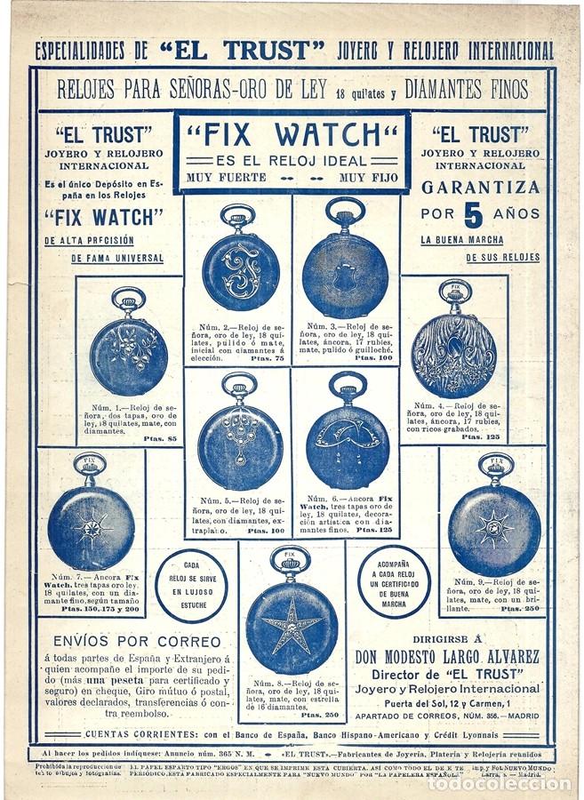 Coleccionismo de Revistas y Peri&oacute;dicos: 1913 HOJA REVISTA PUBLICIDAD ANUNCIO EL TRUST JOYERO Y RELOJERO - RELOJES PARA SE&Ntilde;ORA ORO DIAMANTES