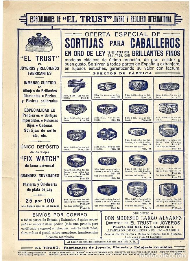 Coleccionismo de Revistas y Peri&oacute;dicos: 1913 HOJA REVISTA PUBLICIDAD ANUNCIO EL TRUST JOYERO Y RELOJERO - SORTIJAS ORO PARA CABALLEROS