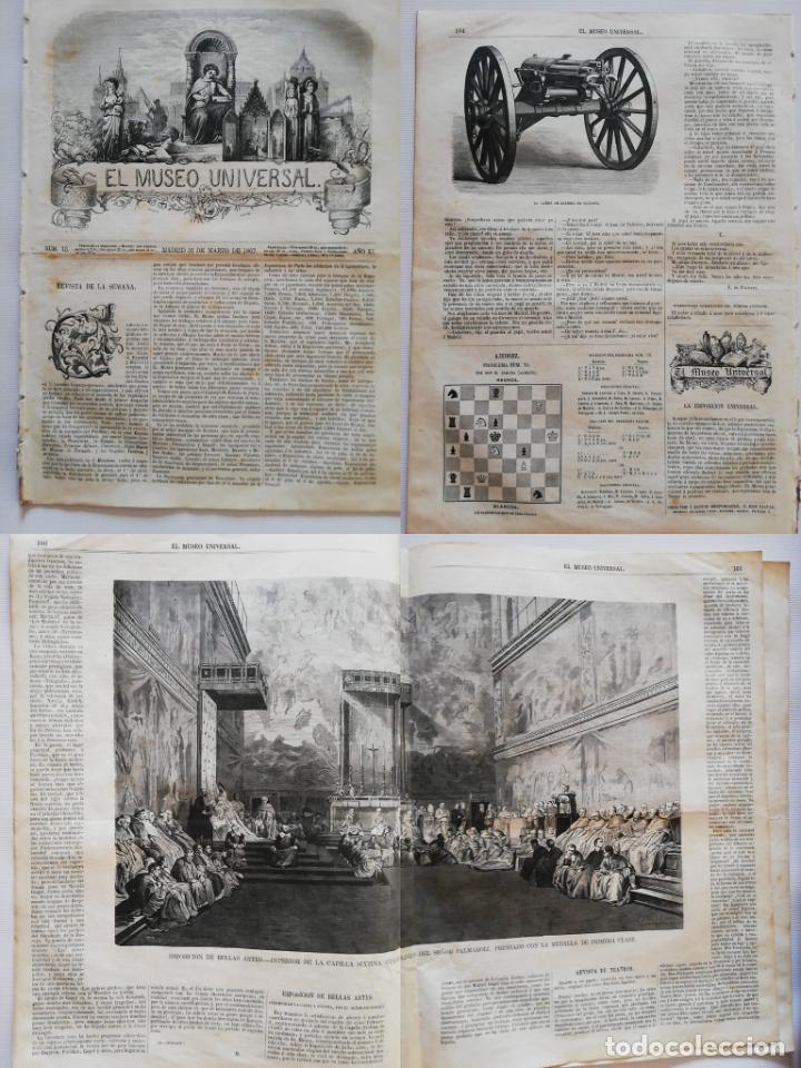Coleccionismo de revistas y peri&oacute;dicos: EL MUSEO UNIVERSAL:N&ordm;13. Grabados: Capilla Sixtina exposici&oacute;n Bellas Artes, Gatling ca&ntilde;&oacute;n de bater&iacute;a