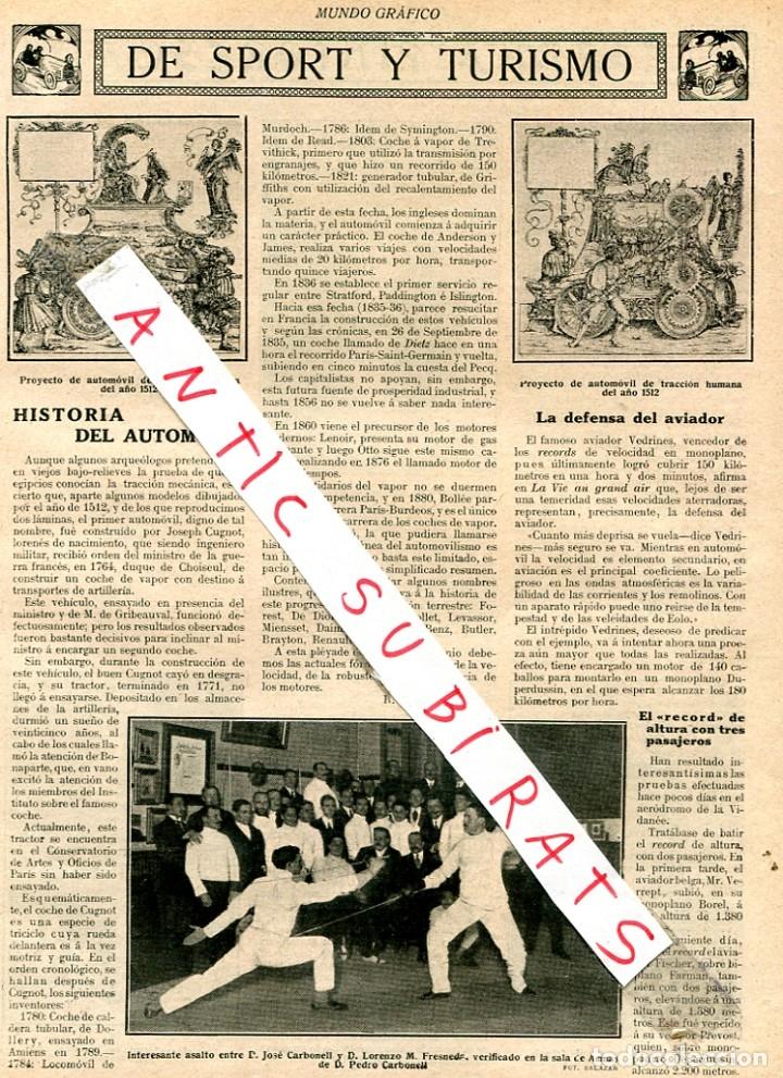 Coleccionismo de Revistas y Peri&oacute;dicos: RECORTE DE PRENSA A&Ntilde;O 1912 ESGRIMA JOSE CARBONELL LORENZO FRESNEDO AUTOMOVIL HUMANO DEL A&Ntilde;O 1512