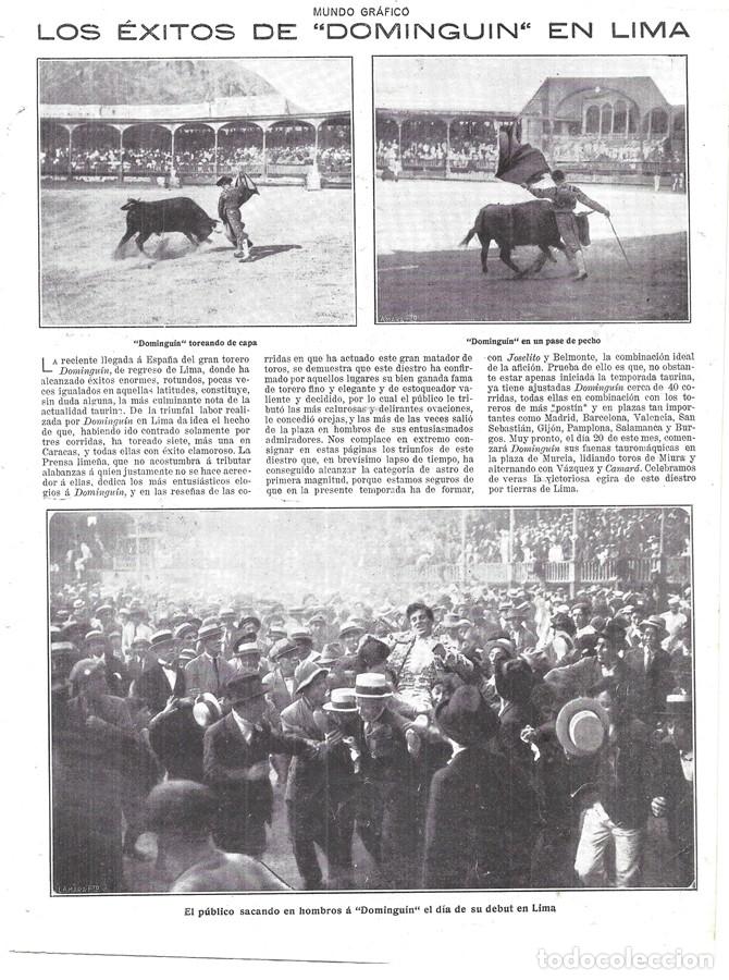 Coleccionismo de revistas y peri&oacute;dicos: 1919 HOJA REVISTA PER&Uacute; CORRIDAS DE TOROS EXITOS DE MATADOR 'DOMINGU&Iacute;N' EN LIMA, DOMINGO GONZ&Aacute;LEZ