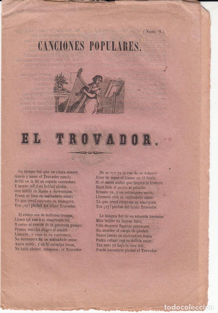 Coleccionismo de revistas y peri&oacute;dicos: PLIEGO DE CORDEL - CANCIONES POPULARES EL TROVADOR -IMPRENTA LA REGENERACI&Oacute;N TIP. EN VALENCIA 1857