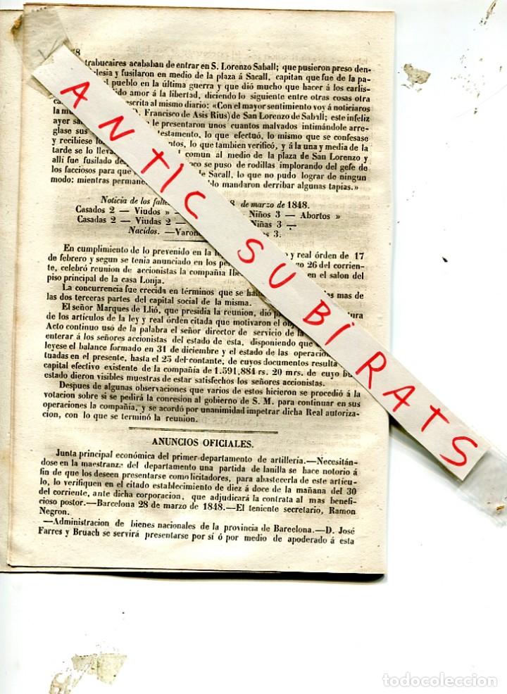 Coleccionismo de revistas y peri&oacute;dicos: DIARIO BARCELONA 1848 SEGUNDA GUERRA CARLISTA SANT LLOREN&Ccedil; SAVALL SACALL FERROCARRIL MATARO