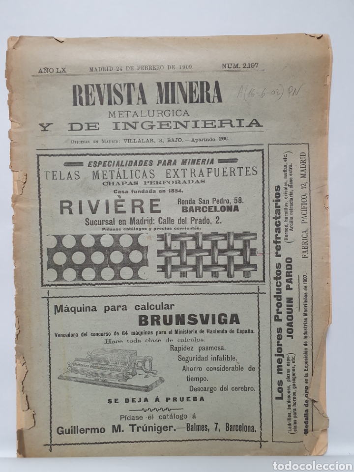 Coleccionismo de Revistas y Peri&oacute;dicos: REVISTA MINERA METALURGICA Y INGENIERIA. MADRID 1909.