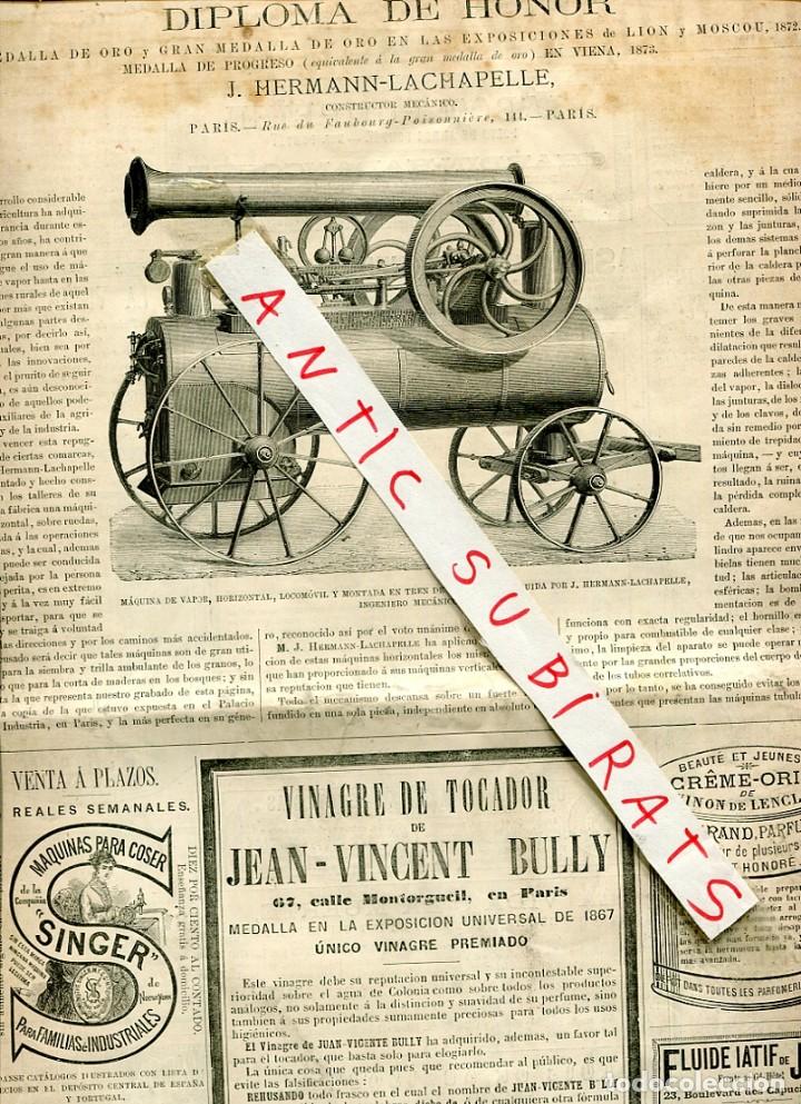 Coleccionismo de Revistas y Peri&oacute;dicos: REVISTA A&Ntilde;O 1875 INVENTOS MAQUINA DE VAPOR HORIZONTAL CON RUEDAS J.HERMANN LACHAPELLE BULLY ORIZA