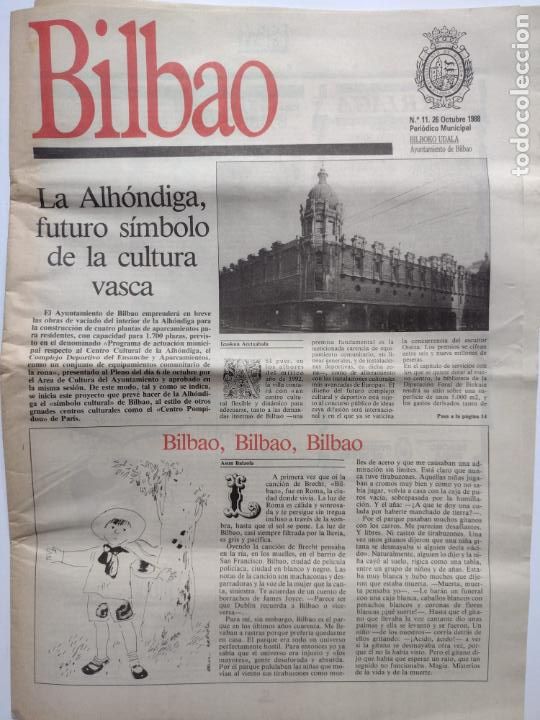 Collection Magazines and Newspapers: PERIODICO MUNICIPAL BILBAO N&ordm; 11 OCTUBRE 1988 LA ALHONDIGA , FUTURO SIMBOLO DE LA CULTURA VASCA