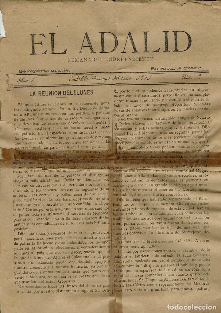 Coleccionismo de revistas y peri&oacute;dicos: EL ADALID. SEMANARIO INDEPENDIENTE. CIUDADELA. N&ordm; 2 1891 (MENORCA 2.8)