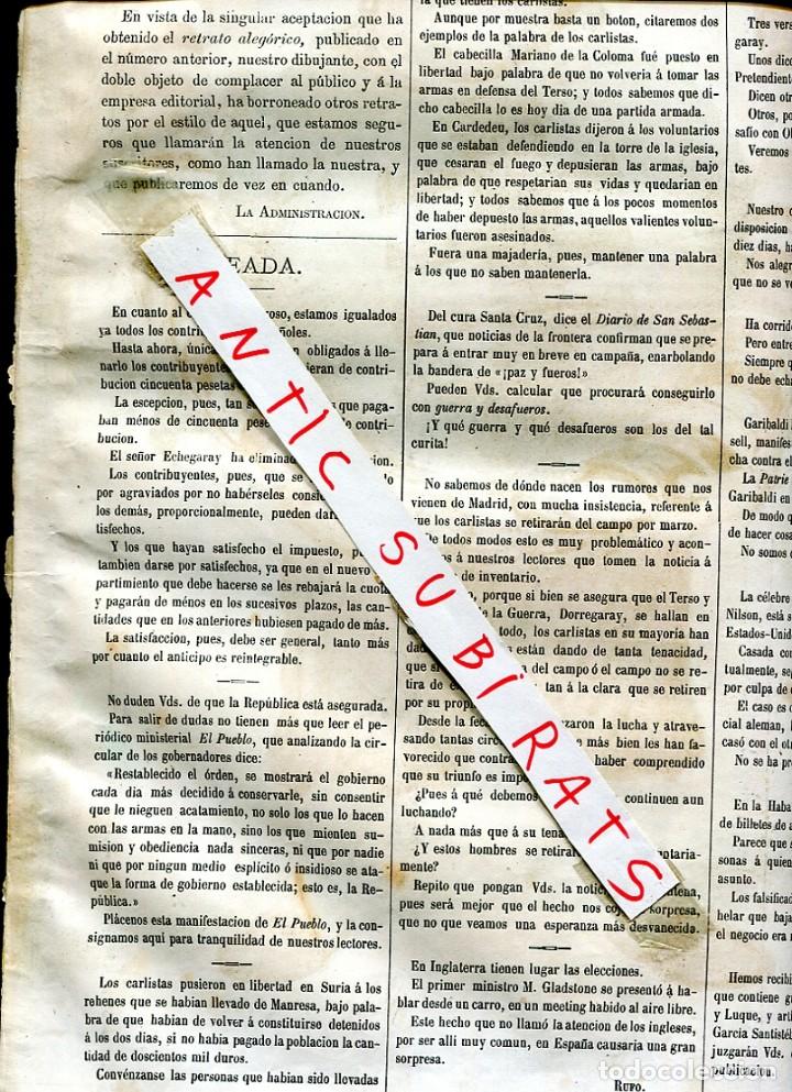 Coleccionismo de revistas y peri&oacute;dicos: PERIODICO A&Ntilde;O 1874 TERCERA GUERRA CARLISTA EN SURIA MANRESA CARDEDEU DORREGARAY CUCALA MEMBRILLERIA
