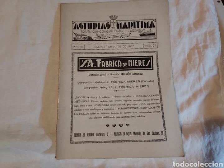 Coleccionismo de revistas y peri&oacute;dicos: ASTURIAS MARITIMA REVISTA QUINCENAL DE FLETES Y CARBONES GIJON 1&ordm; DE MAYO DE 1932.A&Ntilde;O III.-N&ordm; 37