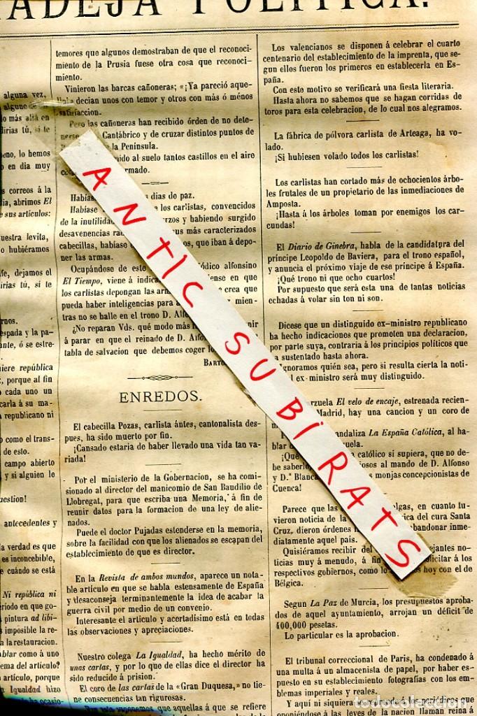 Collection Magazines and Newspapers: REVISTA A&Ntilde;O 1874 TERCERA GUERRA CARLISTA EN SANT BOI DE LLOBREGAT ARTEAGA CURA SANTA CRUZ EN BELGICA