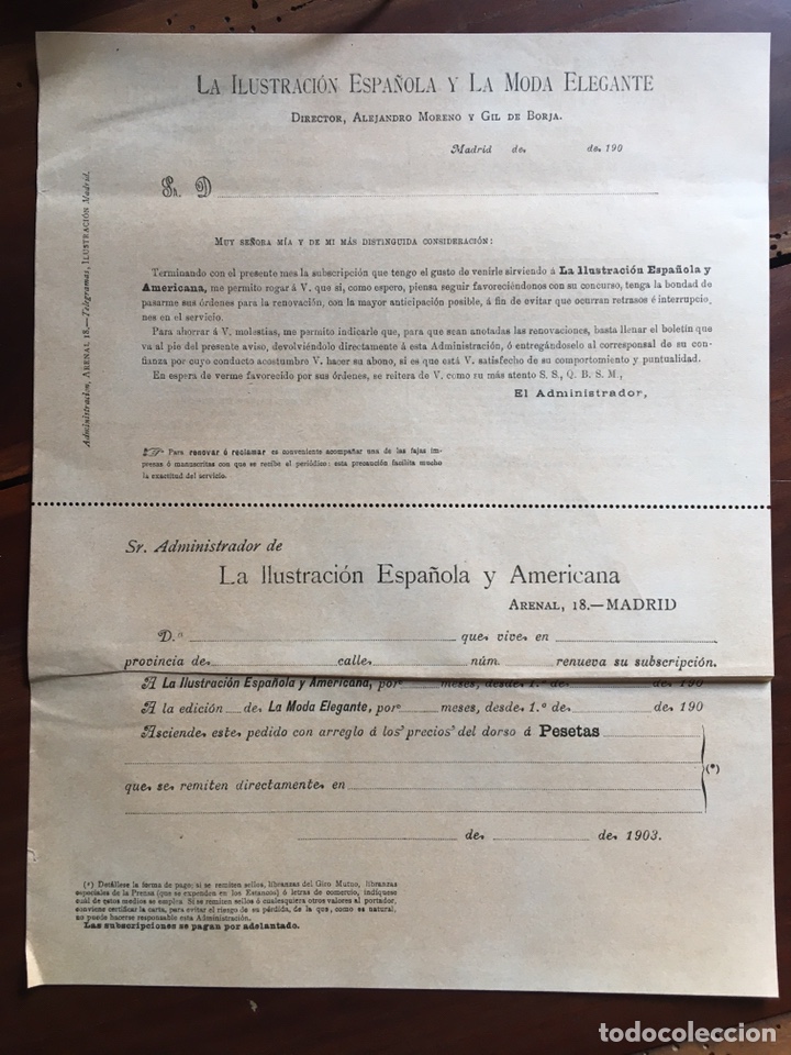 Coleccionismo de revistas y peri&oacute;dicos: Impreso subscrpci&oacute;n La Iustraci&oacute;n Espa&ntilde;ola y La moda elegante. 1899