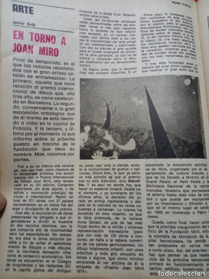 Coleccionismo de Revistas y Peri&oacute;dicos: NOTICIAS EN TORNO A JOAN MIRO. RECORTE REVISTA MUNDO, AGOSTO 1974