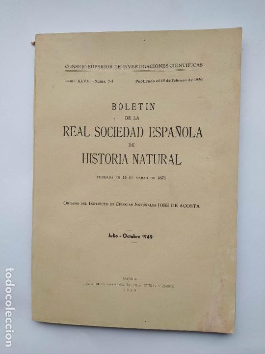 Coleccionismo de Revistas y Peri&oacute;dicos: BOLETIN DE LA REAL SOCIEDAD ESPA&Ntilde;OLA DE HISTORIA NATURAL. 1950. TOMO XLVII. NUMEROS 7 8. TDKC136