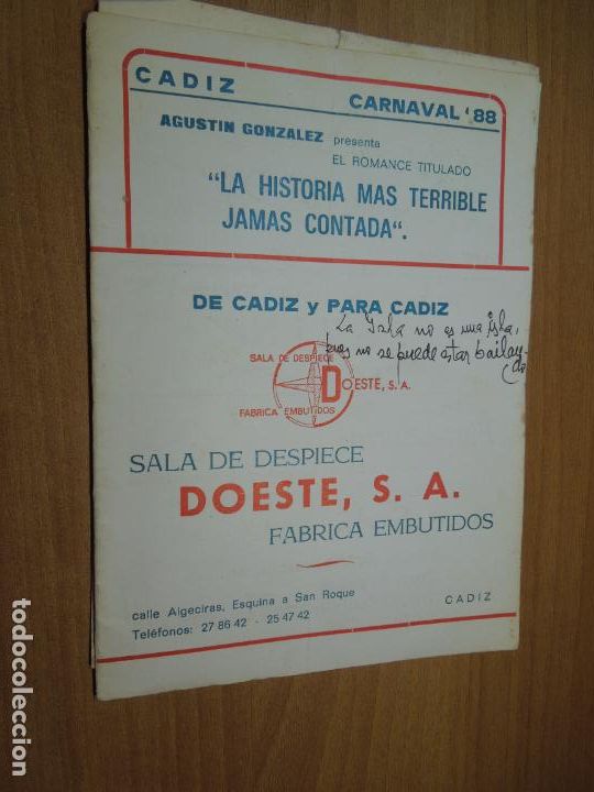 Coleccionismo de Revistas y Peri&oacute;dicos: CARNAVAL 88 CADIZ - AGUSTIN GONZALEZ - ROMANCE , LA HISTORIA MAS TERRIBLE JAMAS CONTADA -