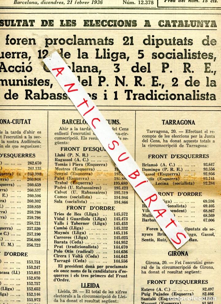 Coleccionismo de Revistas y Peri&oacute;dicos: DIARI RESULTATS DE LES ELECCIONS DEL 16 DE FEBRER DE 1936 DISTRIBUCIO D DIPUTATS A CATALUNYA SALLENT