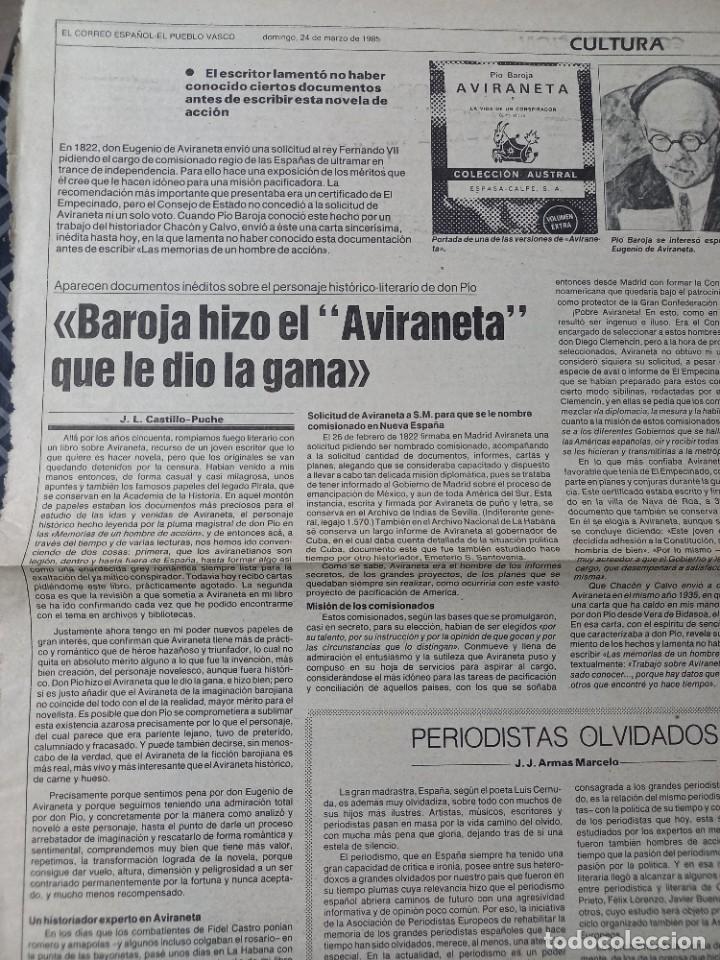 Coleccionismo de revistas y peri&oacute;dicos: PIO BAROJA Y AVINARETA: NOVELA Y REALIDAD. RECORTE EL CORREO 24 MARZO 1985