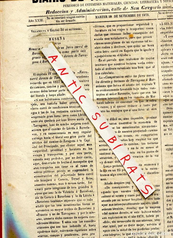 Coleccionismo de Revistas y Peri&oacute;dicos: DIARIO A&Ntilde;O 1873 FERROCARRIL DE BARCELONA A CUBELLAS TERECERA GUERRA CARLISTA TOLOSA ROS DE OLANO