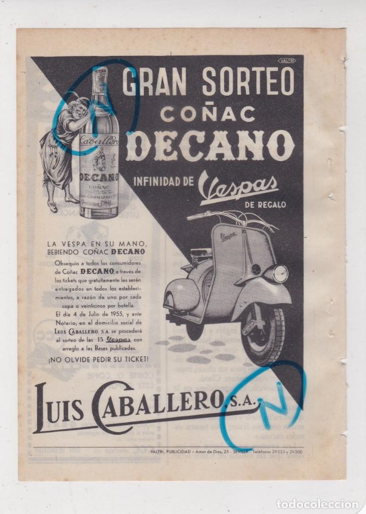 Coleccionismo de Revistas y Peri&oacute;dicos: PUBLICIDAD T 1955. ANUNCIO CO&Ntilde;AC DECANO. LUIS CABALLERO, S.A. - MOTO VESPA