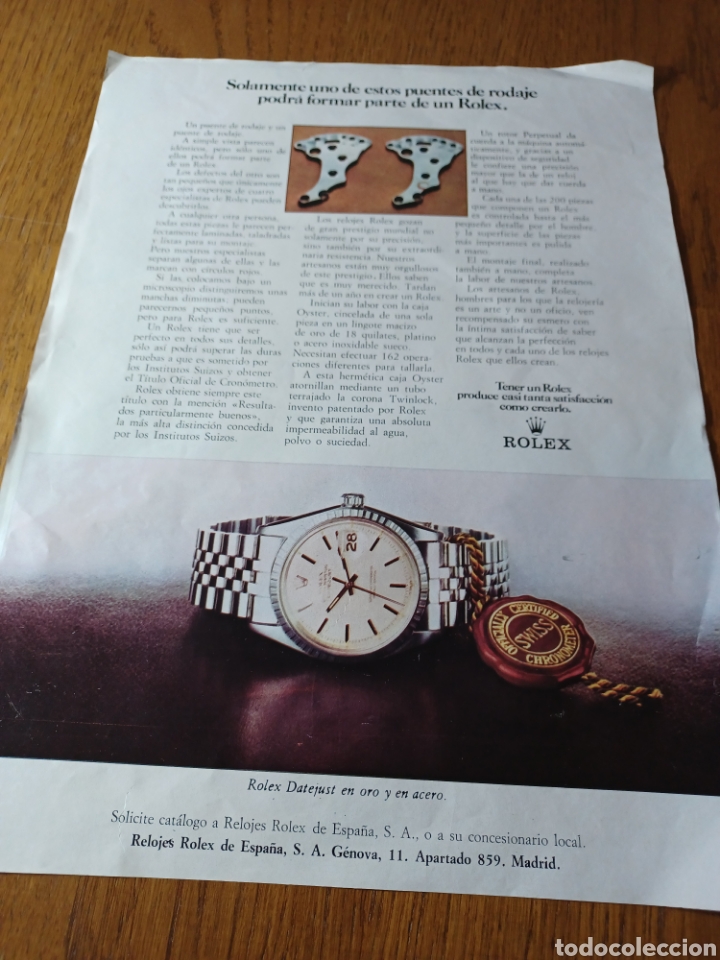 Coleccionismo de Revistas y Peri&oacute;dicos: PUBLICIDAD RELOJ ROLEX DATEJUST EN ORO Y ACERO .A&Ntilde;O 1973 . 32 X 24 CM