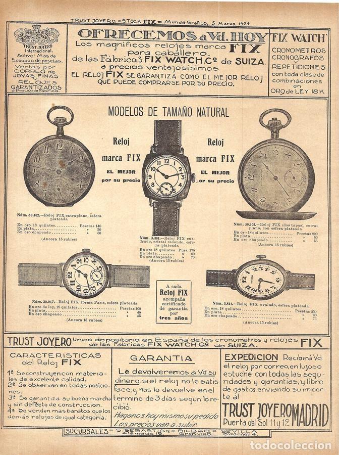 Coleccionismo de Revistas y Peri&oacute;dicos: 1924 HOJA REVISTA PUBLICIDAD ANUNCIO RELOJES DE BOLSILLO Y PULSERA FIX WATCH DE TRUST JOYERO