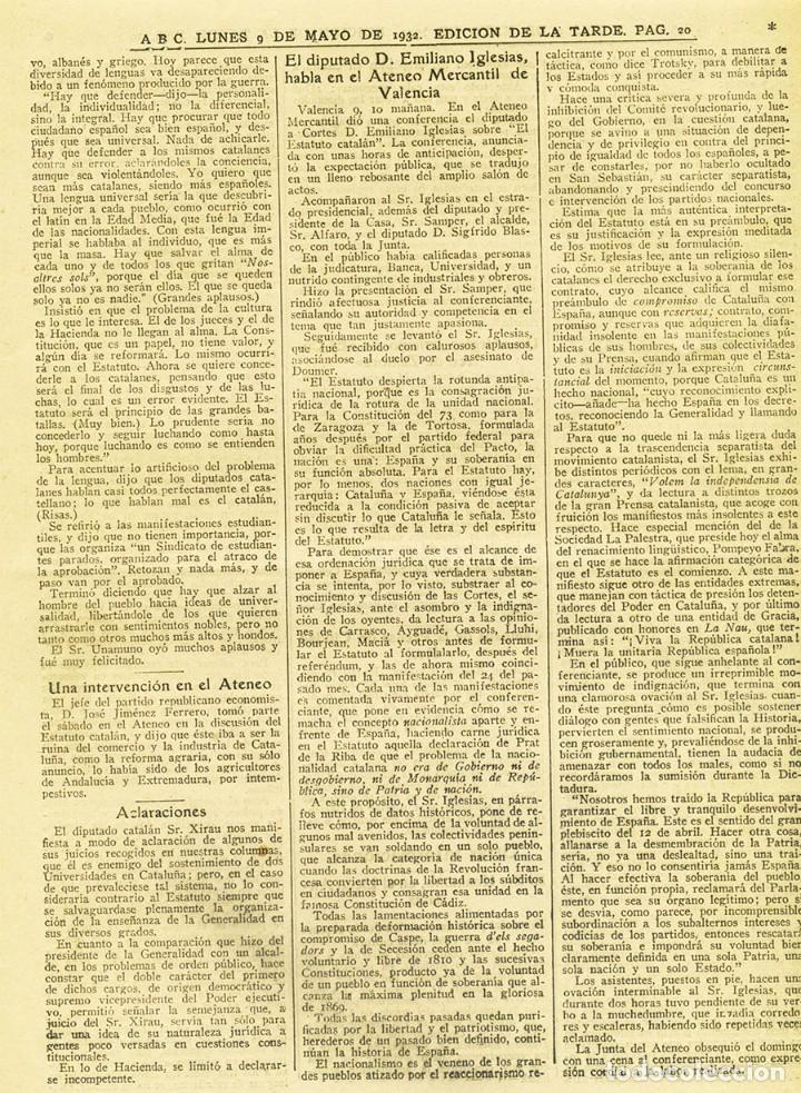 Coleccionismo de Revistas y Peri&oacute;dicos: MIGUEL DE UNAMUNO ESTATUTO CATALU&Ntilde;A II REPUBLICA ARTICULO DE ABC 9 MAYO 1932 2 PAGINAS (1 HOJA)