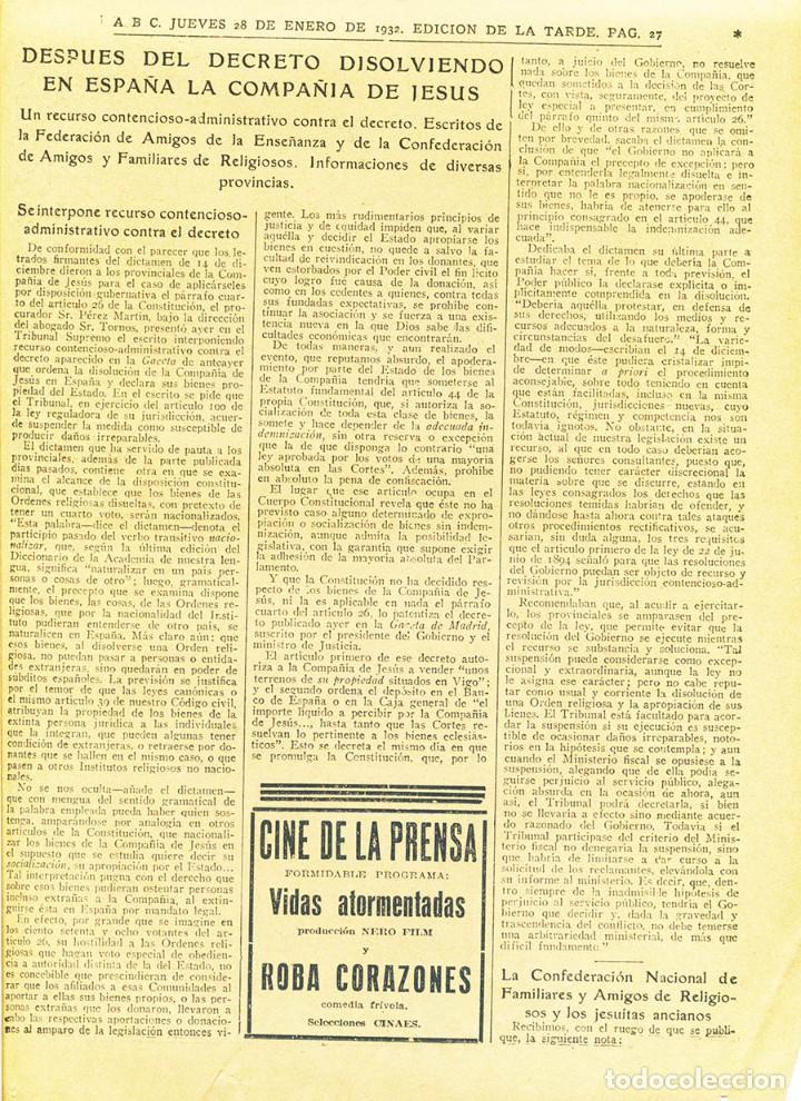 Coleccionismo de Revistas y Peri&oacute;dicos: RECURSO AL DECRETO DISOLVIENDO COMPA&Ntilde;IA JESUS II REPUBLICA ARTICULO ABC 28 ENERO 1932 RECURSO CONTEN