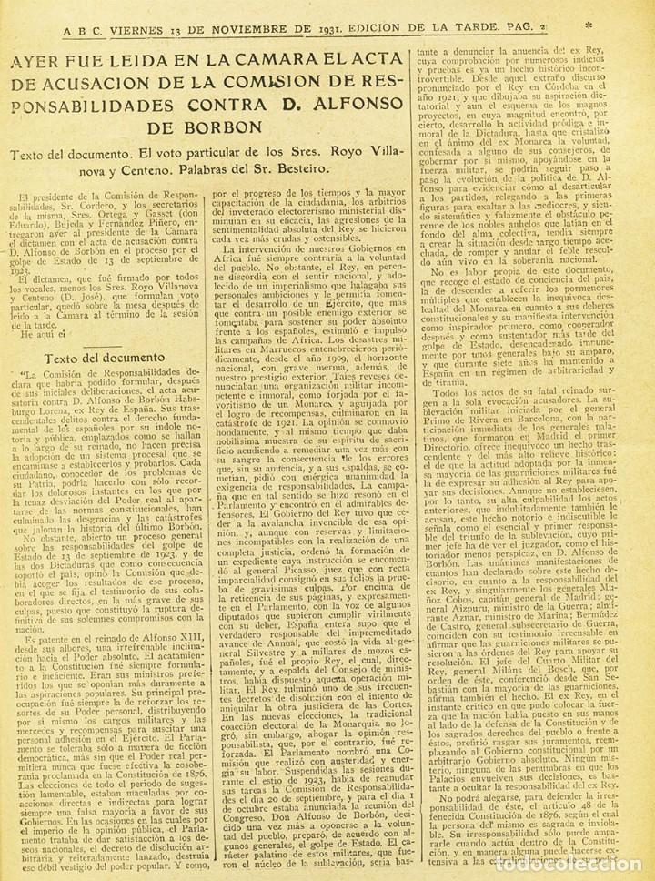 Coleccionismo de Revistas y Peri&oacute;dicos: II REPUBLICA TEXTO DEL ACTA DE ACUSACION CONTRA EL REY ALFONSO XIII ABC 13 NOVIEMBRE 1931