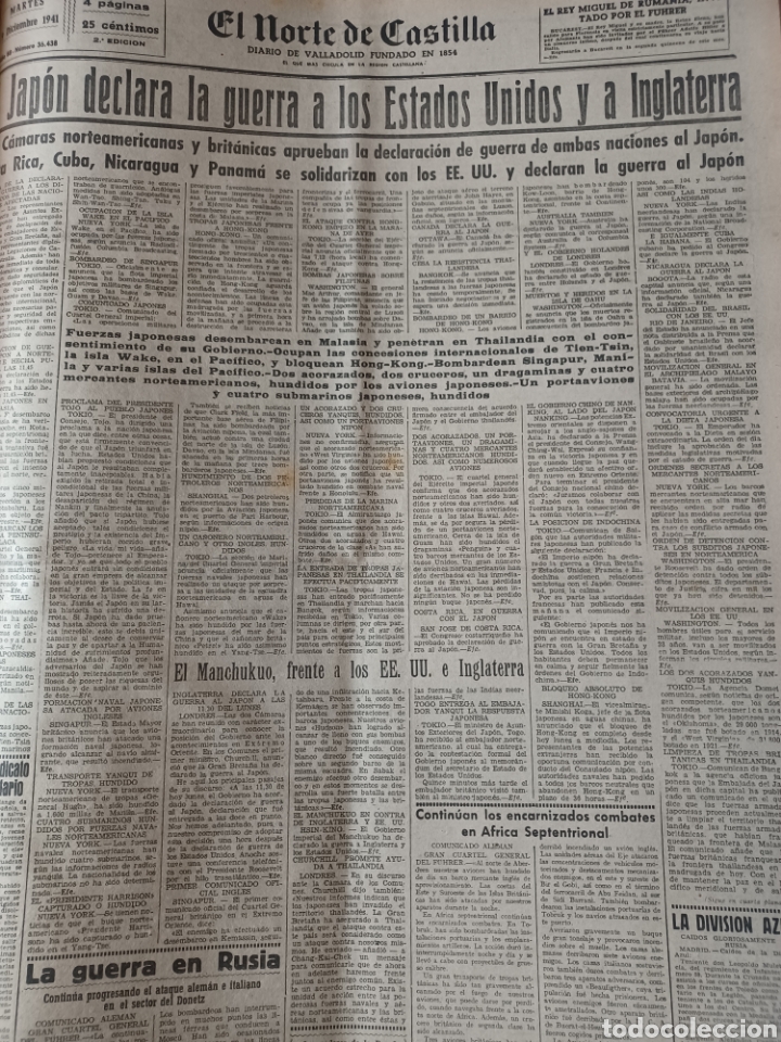Coleccionismo de revistas y peri&oacute;dicos: PERIODICO 1941 . JAPON ATACA PEARL HARBOR Y DECLARA LA GUERRA A LOS ESTADOS UNIDOS Y A INGLATERRA
