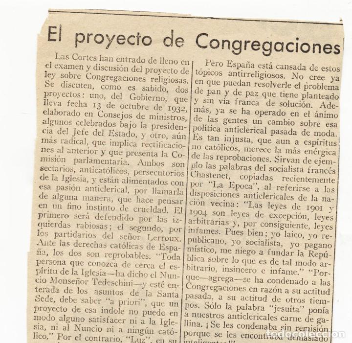 Colecionismo de Revistas e Jornais: II REPUBLICA ARTICULO EL PROYECTO DE CONGREGACIONES RECORTE