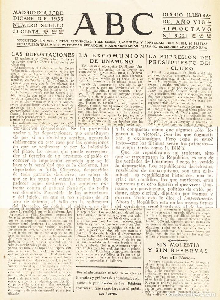 Coleccionismo de Revistas y Peri&oacute;dicos: II REPUBLICA DEPORTACION DE MILITARES EXCOMUNION DE UNAMUNO ABC DICIEMBRE 1932 EDITORIALES